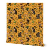 Small - Vintage Monkeys Garden Party - Antique Chinoiserie with drunk nostalgic monkeys mustard yellow- Marie Antoinette Chinoiserie inspired