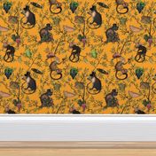 Small - Vintage Monkeys Garden Party - Antique Chinoiserie with drunk nostalgic monkeys mustard yellow- Marie Antoinette Chinoiserie inspired