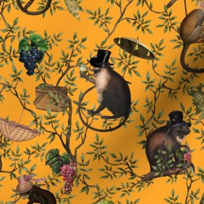 Small - Vintage Monkeys Garden Party - Antique Chinoiserie with drunk nostalgic monkeys mustard yellow- Marie Antoinette Chinoiserie inspired