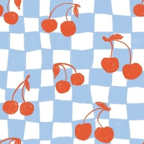 Hand-drawn Cherries on Hand-drawn Checkerboard