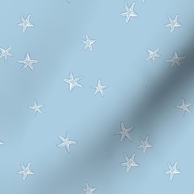 Light Blue Scattered Starfish on the Sea Shore on a Mid Blue Background Small Scale
