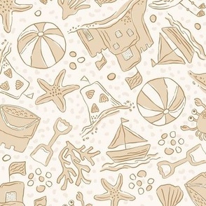 Summer Beach Scene Neutral Sand Brown Sandcastles, Starfish, Seagulls, Crabs and Sailing Boats 