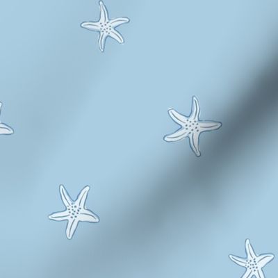 Light Blue Scattered Starfish on the Sea Shore on a Mid Blue Background
