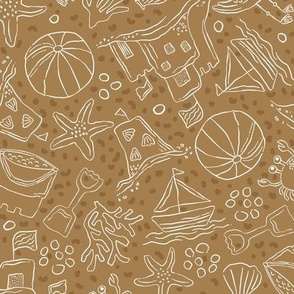 Summer Beach Scene Neutral Sand Brown Sandcastles, Starfish, Seagulls, Crabs and Sailing Boats Neutral Brown
