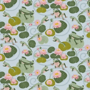  frogs leaping in a lotus pond on light blue grey 10 in
