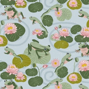 frogs leaping in a lotus pond on light blue grey 15 in