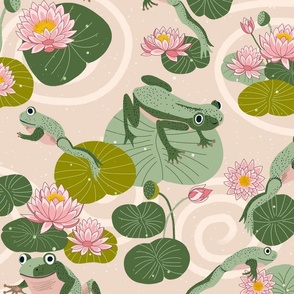 frogs leaping in a lotus pond on light blush cream 20 in
