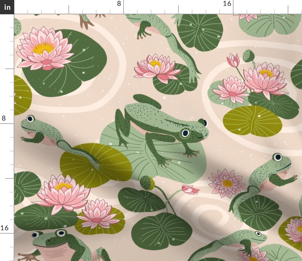 frogs leaping in a lotus pond on light blush cream 20 in