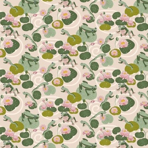 frogs leaping in a lotus pond on light blush cream 7 in pink