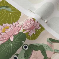 frogs leaping in a lotus pond on light blush cream 10 in pink