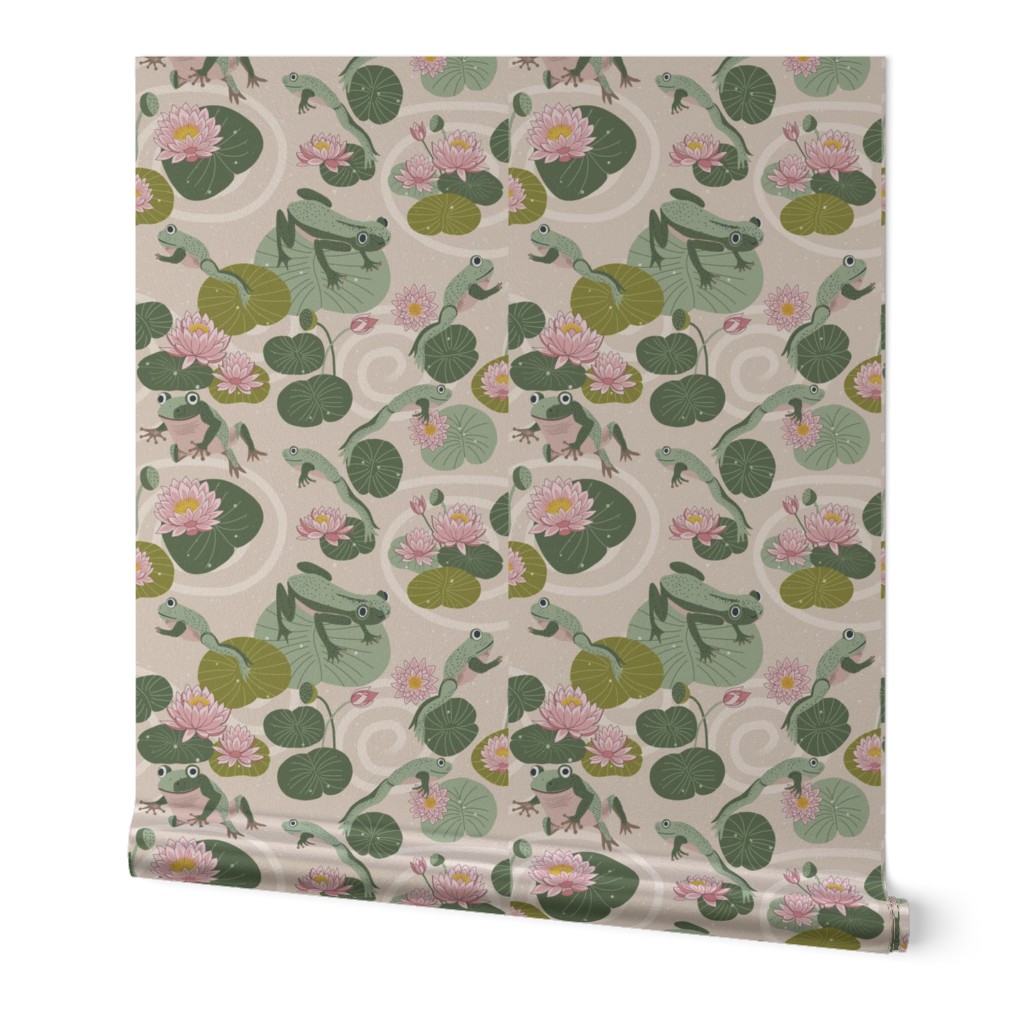 frogs leaping in a lotus pond on light blush cream 15 in pink
