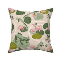 frogs leaping in a lotus pond on light blush cream 15 in pink