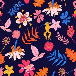 Frogs and flowers/ navy blue background / Happy, Vivid , energetic