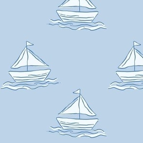 Sailing Yachts on the Ocean Limited Light Blue on a Mid Blue Background