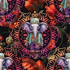 MANDALA FUN HIPPIE ELEPHANT 2 COLORFUL BLACK FLORAL FLWRHT