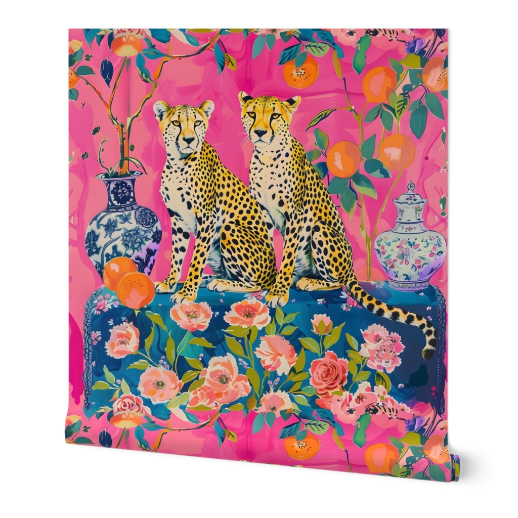 Chinoiserie cheetahs and ginger jars on pink