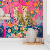 Chinoiserie cheetahs and ginger jars on pink