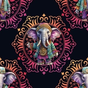 MANDALA FUN HIPPIE TWO ELEPHANTS 3 COLORFUL BLACK FLWRHT