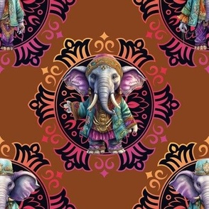 MANDALA FUN HIPPIE TWO ELEPHANTS 3 COLORFUL WARM BROWN FLWRHT