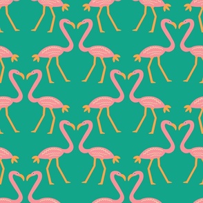 Soft-pink-bold-bright-orange-flamingos-on-turquoise-green-XL-jumbo