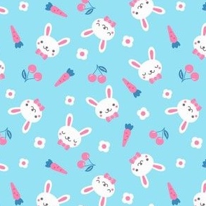 Funny rabbits with cherry, carrot and flower