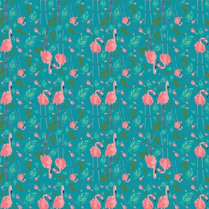 Flamingos in Paradise Style 2 on Teal Linen Textured Background, Small Scale 