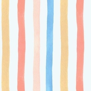 Large | Summer Beach Stripes Hand-painted Watercolor with Coral, Blue, Sandy Yellow, Coral Pink