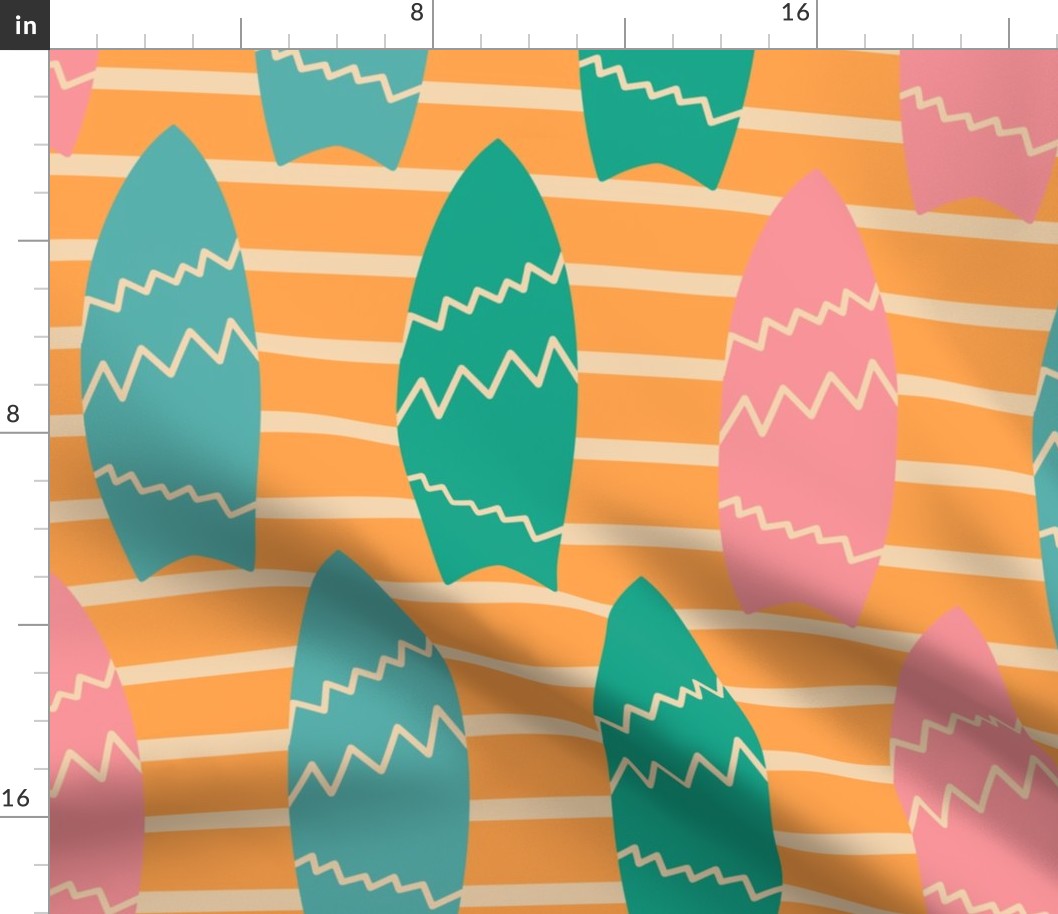 Soft-pink-sky-blue-and-turquoise-green-surf-board-with-zigzag-on-bright-orange-with-lines-XL-jumbo