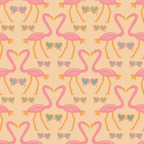 Pink-orange-flamingos-among-sun-glasses-with-hearts-on-textured-beige-XL-jumbo