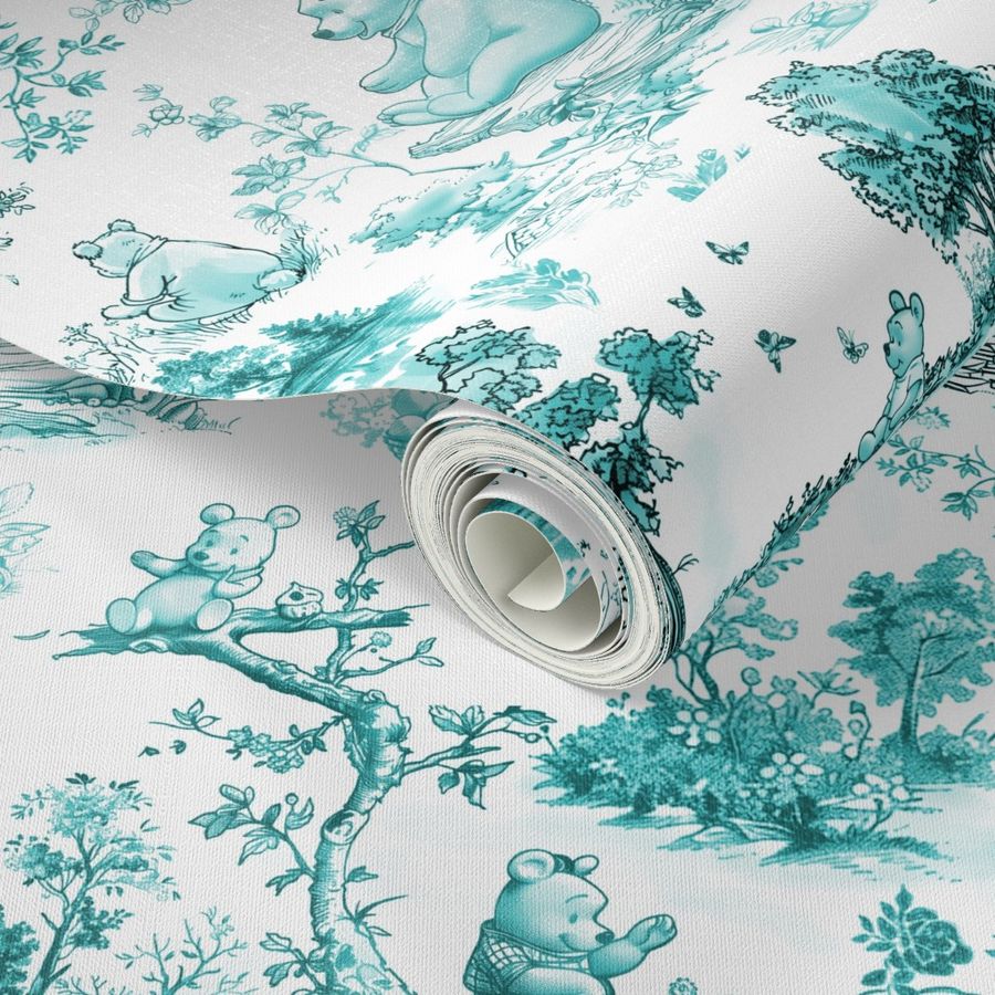 Silly Ole Bear - Teal on White Toile Wallpaper - New