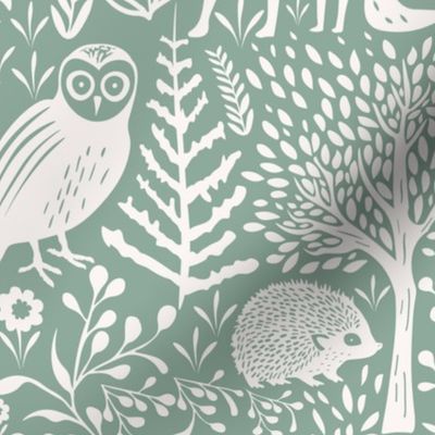 Whimsical Woodland Animals - Neutral Nursery - Rose White and Greenish Grey