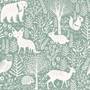 Whimsical Woodland Animals - Neutral Nursery - Rose White and Greenish Grey