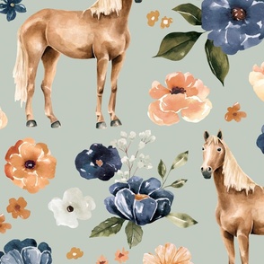 Farmhouse Horse Floral on Mint Blue 24 inch