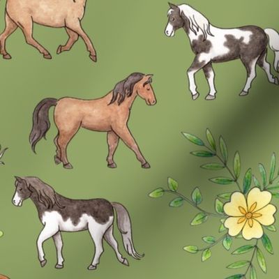 Horses and Primrose Floral on olive - large scale