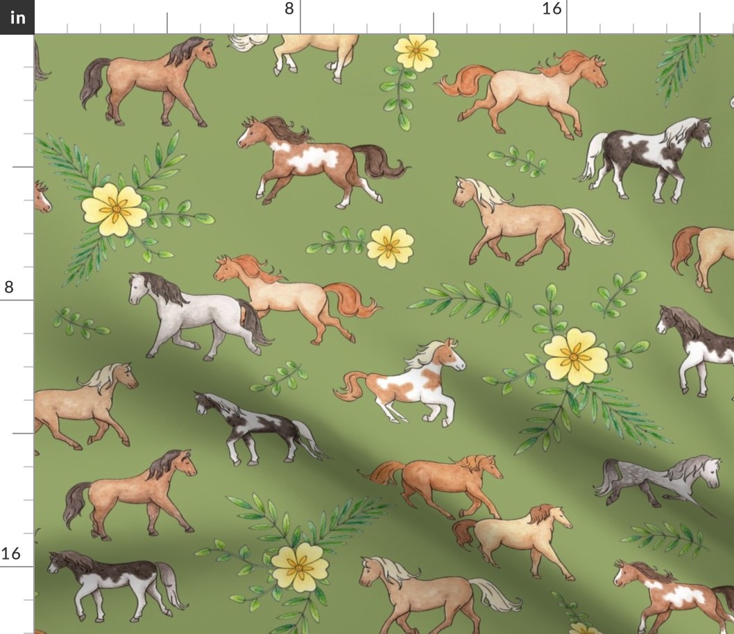 Horses and Primrose Floral on olive - large scale