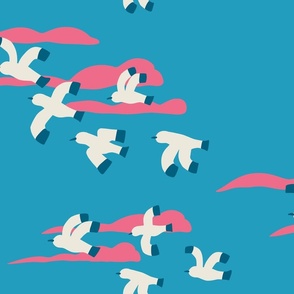 (L) Brighton Beach Seagulls - flying sea birds against pink clouds on a blue sky