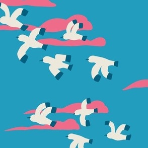 (M) Brighton Beach Seagulls - flying sea birds against pink clouds on a blue sky