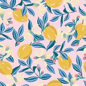 Lemons and levaes on light pink