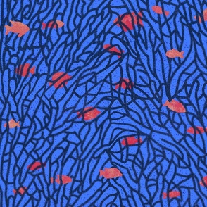 fish among coral labyrinth (blue, black, orange)