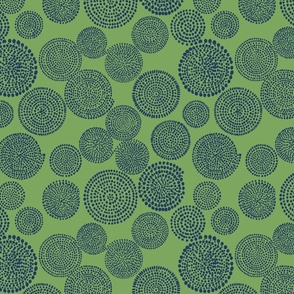 (Small) Boho Circles and Spirals Made of Brush Navy Blue on Bright Green Background  