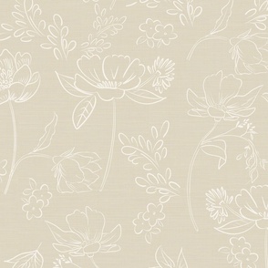 Sketch Flowers / Tan and Creamy white, Provence Floral ©Terri Conrad Designs