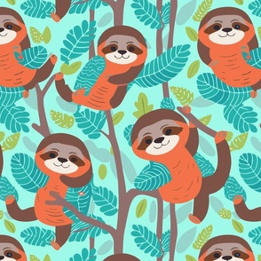 baby sloths in trees on light blue