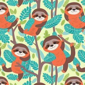 Baby Sloths in Trees on Light Green