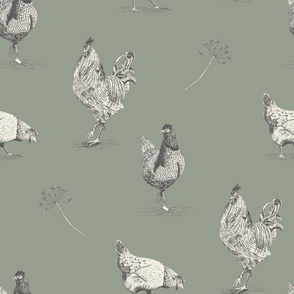 Large | Vintage farmhouse chickens sage green