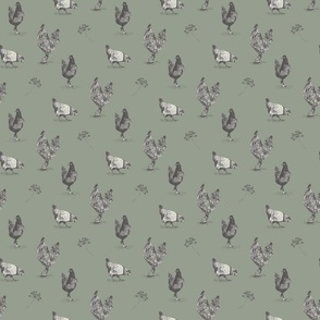 Small | Vintage farmhouse chickens sage green