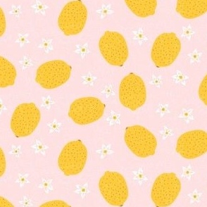 Ditsy Yellow Lemons and Flowers on Soft Pink