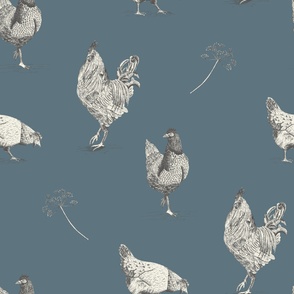 Large | Vintage farmhouse chickens blue