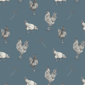 Medium | Vintage farmhouse chickens denim blue