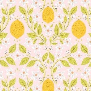 Small, Fresh Yellow Lemons with Green Leaves on Pink Background