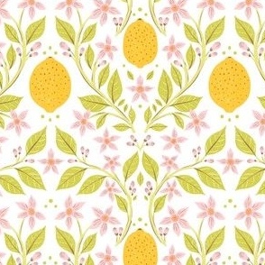 Small, Fresh Yellow Lemons with Pink Blooms and Green Leaves on White Background